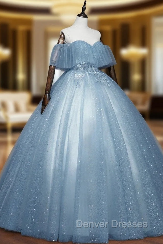 Blue Off-the-Shoulder Sequin Tulle Lace Sleeveless Lone Prom Dress,Sweet 16 Gown Main image