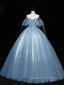 Blue Off-the-Shoulder Sequin Tulle Lace Sleeveless Lone Prom Dress,Sweet 16 Gown