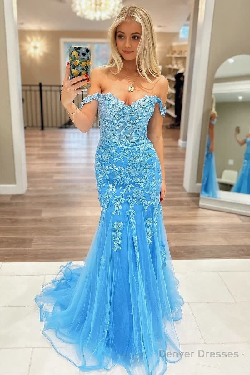 Blue Off the Shoulder Tulle Mermaid Prom Dresses with Appliques Secondary image