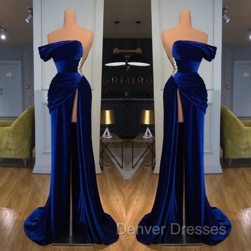 Blue Off-the-Shoulder Velvet Prom Dress Mermaid Long With Split Secondary image