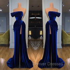 Blue Off-the-Shoulder Velvet Prom Dress Mermaid Long With Split