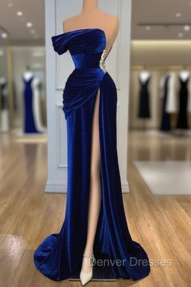 Blue Off-the-Shoulder Velvet Prom Dress Mermaid Long With Split Main image