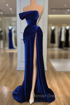 Blue Off-the-Shoulder Velvet Prom Dress Mermaid Long With Split