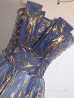 Blue Ombre Long Lace Prom Dress, Blue Long Lace Tulle Formal Evening Dress