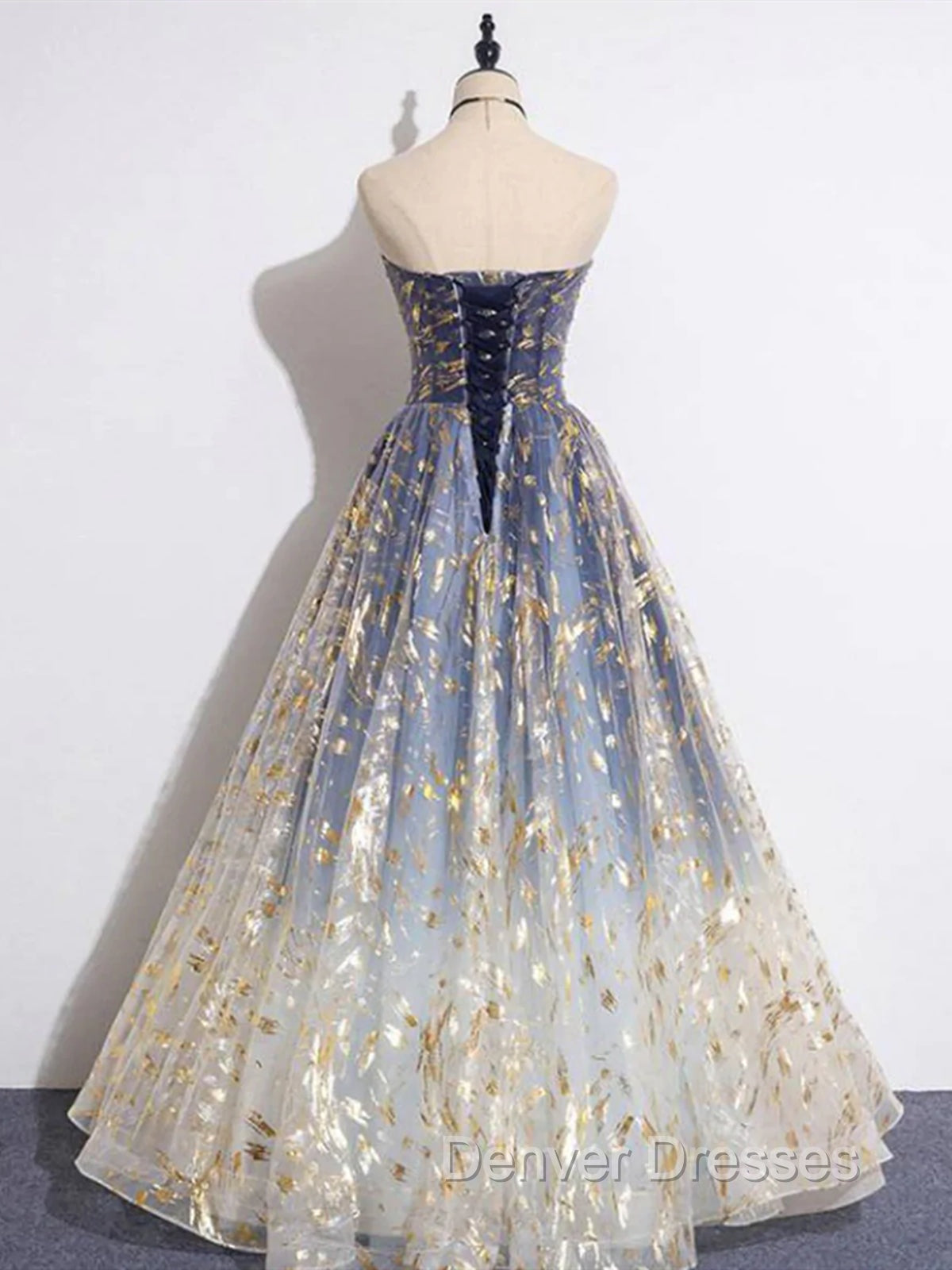 Blue Ombre Long Lace Prom Dress, Blue Long Lace Tulle Formal Evening Dress