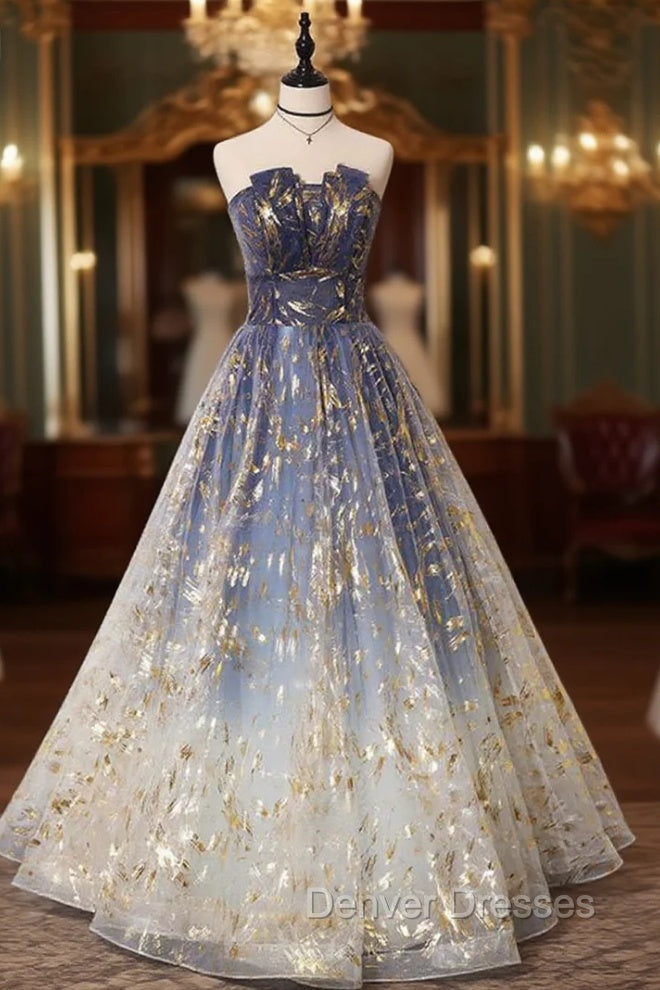 Blue Ombre Long Lace Prom Dress, Blue Long Lace Tulle Formal Evening Dress Main image