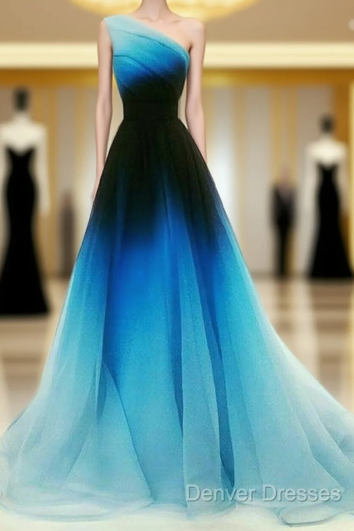 Blue Ombre One Shoulder Ruched Prom Dress Main image