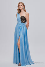Blue One Shoulder Ruched Long Prom Dresses with Applique