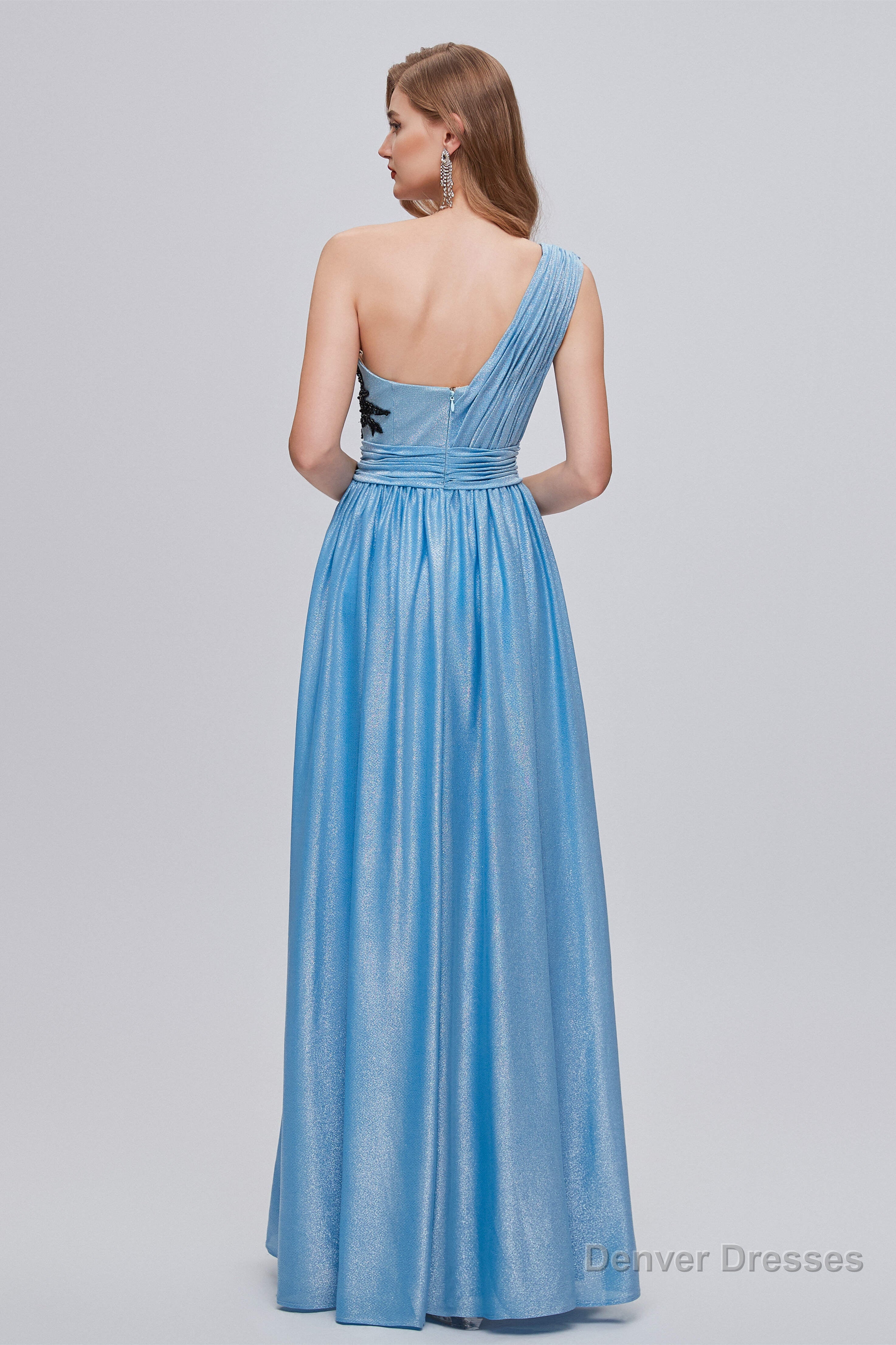 Blue One Shoulder Ruched Long Prom Dresses with Applique