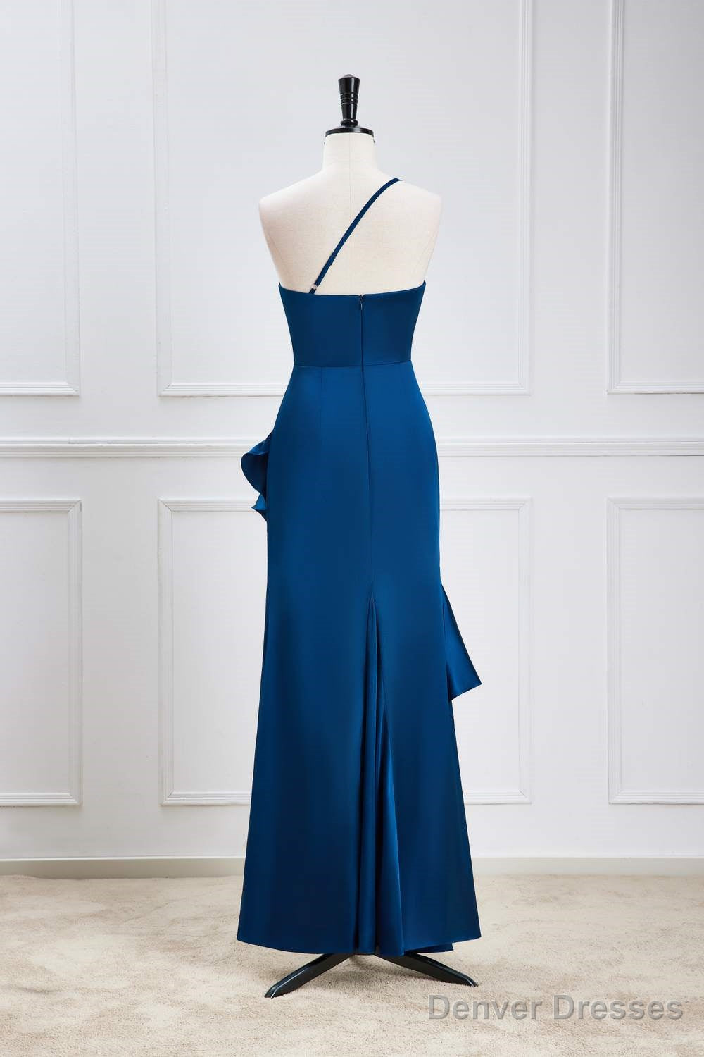 Blue One Shoulder Ruffle Satin Mermaid Maxi Dress