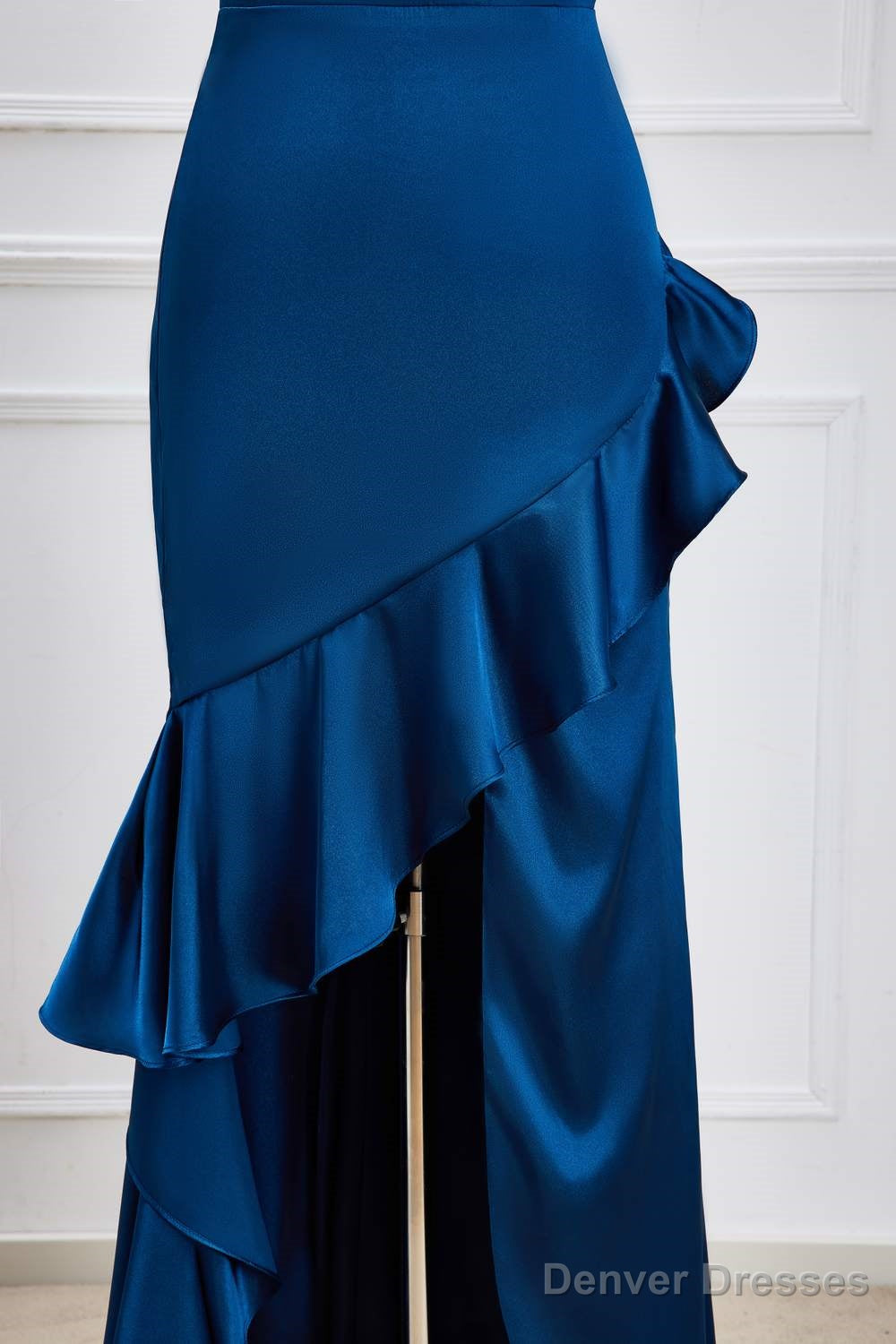 Blue One Shoulder Ruffle Satin Mermaid Maxi Dress