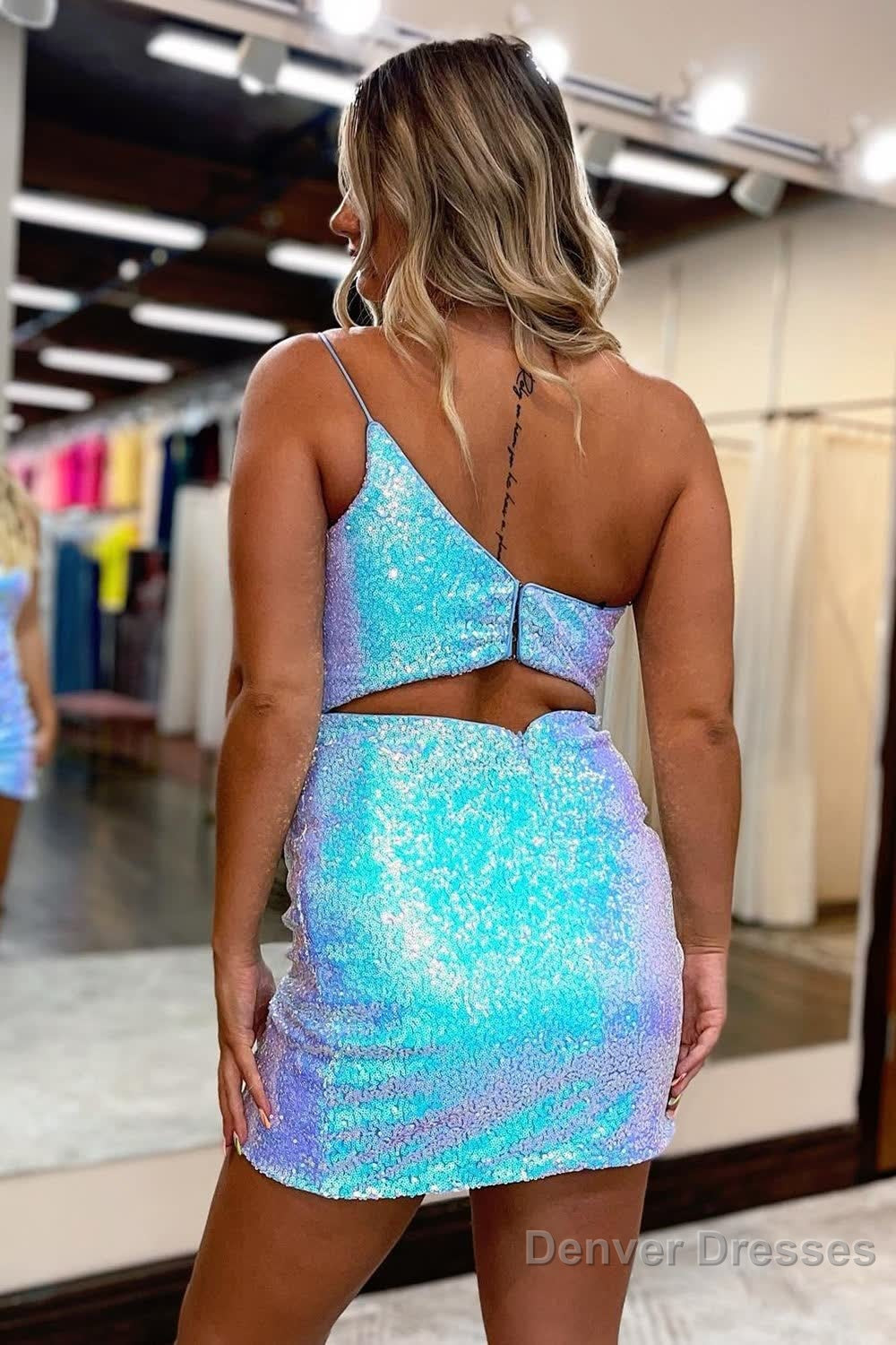 Blue Open Back One Shoulder Sequins Tight Short Homecoming Dress Secondary image