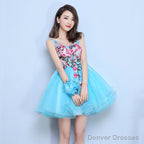 Blue Organza Mini Party Dress With Embroidery Homecoming Dress, Blue Short Dress