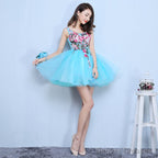Blue Organza Mini Party Dress With Embroidery Homecoming Dress, Blue Short Dress