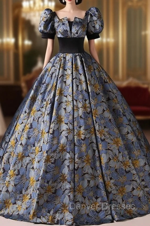 Blue Print Short Sleeve Quinceanera Dress