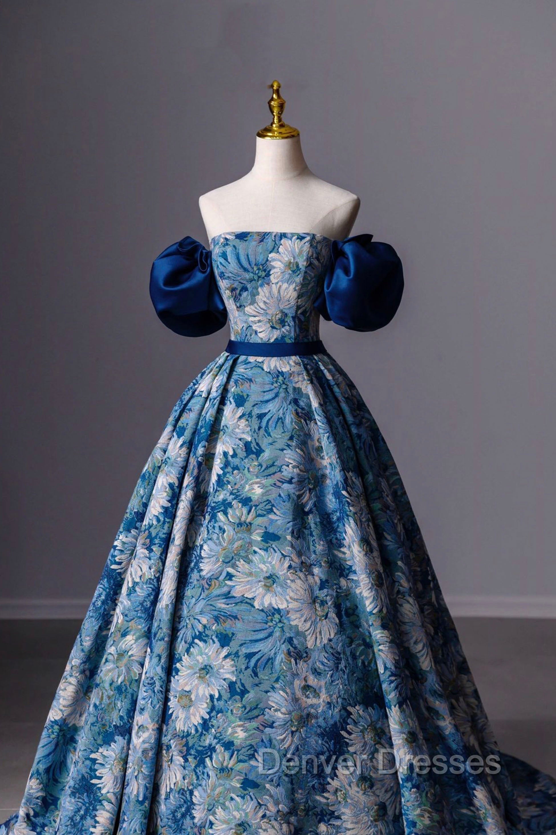 Blue Printed Long A-Line Prom Dress, Blue Off the Shoulder Formal Evening Dress Secondary image