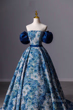 Blue Printed Long A-Line Prom Dress, Blue Off the Shoulder Formal Evening Dress