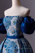Blue Printed Long A-Line Prom Dress, Blue Off the Shoulder Formal Evening Dress