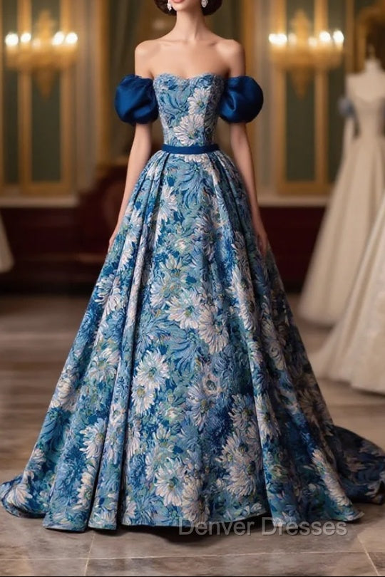 Blue Printed Long A-Line Prom Dress, Blue Off the Shoulder Formal Evening Dress Main image