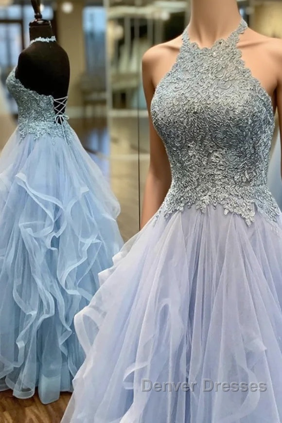 Baby Blue Prom Dress A Line Halter Long Party Evening Dress with Appliques Open Back Main image