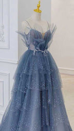 Blue Gorgeous Shiny Elegant Applique Long Tulle Ball Gown Evening Gown Graduation Dress