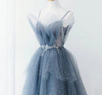 Blue Gorgeous Shiny Elegant Applique Long Tulle Ball Gown Evening Gown Graduation Dress