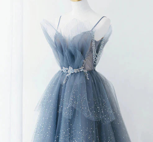Blue Gorgeous Shiny Elegant Applique Long Tulle Ball Gown Evening Gown Graduation Dress