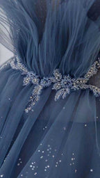 Blue Gorgeous Shiny Elegant Applique Long Tulle Ball Gown Evening Gown Graduation Dress
