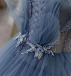 Blue Gorgeous Shiny Elegant Applique Long Tulle Ball Gown Evening Gown Graduation Dress