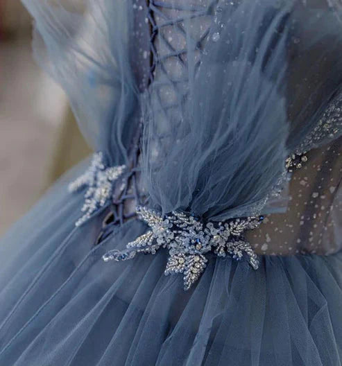 Blue Gorgeous Shiny Elegant Applique Long Tulle Ball Gown Evening Gown Graduation Dress