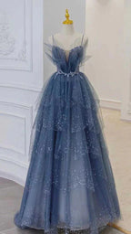 Blue Gorgeous Shiny Elegant Applique Long Tulle Ball Gown Evening Gown Graduation Dress
