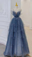 Blue Gorgeous Shiny Elegant Applique Long Tulle Ball Gown Evening Gown Graduation Dress