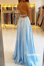 Blue Prom Dress,Halter Long Evening Dress With Side Slit