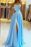 Blue Prom Dress,Halter Long Evening Dress With Side Slit