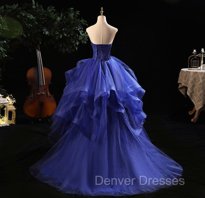 Blue Prom Dress Ruffles Tiered Crystal Beaded Top FormalParty Dress, High Low Prom Dress