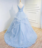 Blue Prom Dress V-neck Ball Gown Sweep Train Party Dress, Sweet 16 Gown
