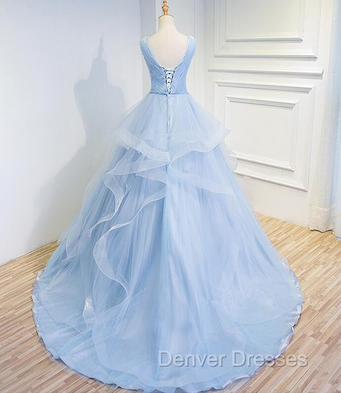 Blue Prom Dress V-neck Ball Gown Sweep Train Party Dress, Sweet 16 Gown