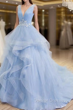 Blue Prom Dress V-neck Ball Gown Sweep Train Party Dress, Sweet 16 Gown