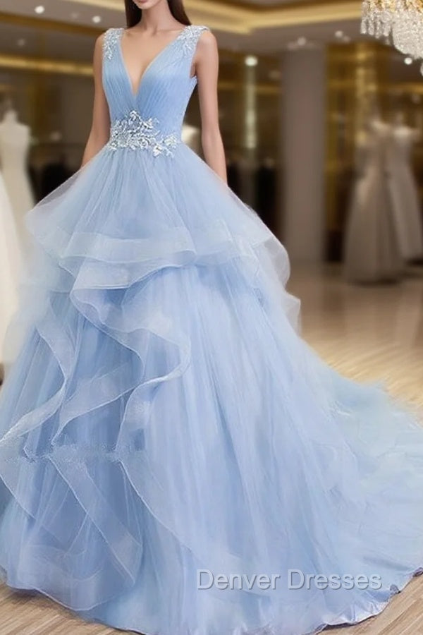 Blue Prom Dress V-neck Ball Gown Sweep Train Party Dress, Sweet 16 Gown