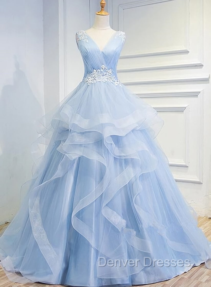 Blue Prom Dress V-neck Ball Gown Sweep Train Party Dress, Sweet 16 Gown Main image