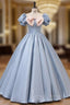 Blue Puff Sleeve Pink Bow Quinceanera Dress