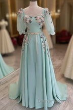 Blue Puffy Sleeve Dress With 3D Flowers