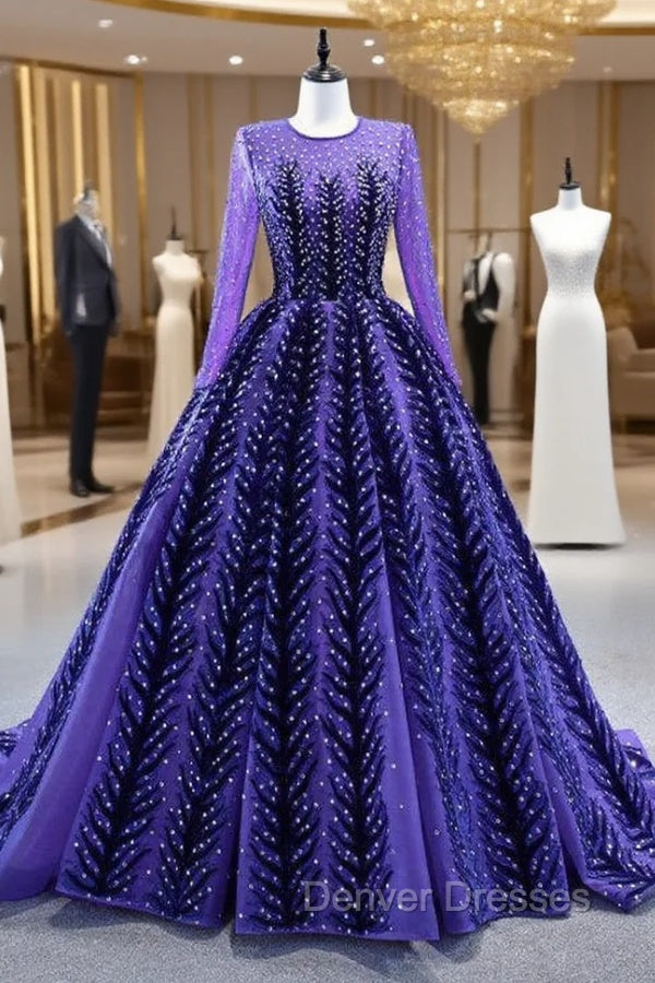 Blue Purple Tulle Beading Long Sleeve Prom Dress