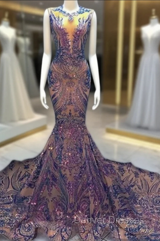 Blue Robe De Soiree Mermaid Scoop Appliques Sequins See Through Long Prom Dress Prom Gown Evening Dress