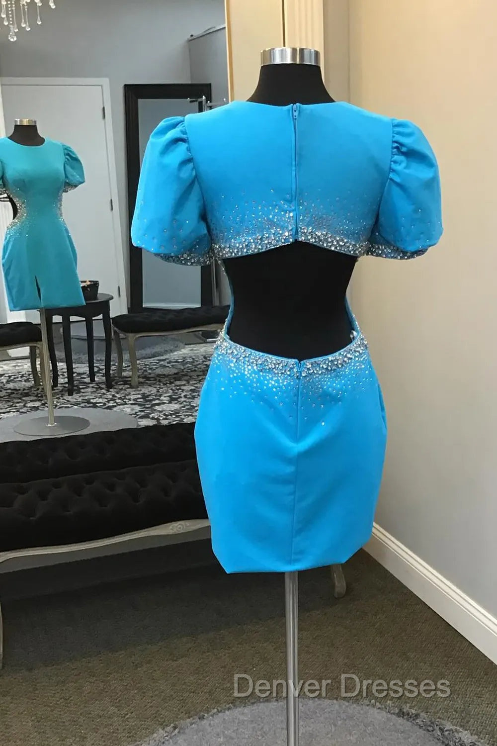 Blue Round Neck Beaded Bodycon Short Homecoming Dress with Puff Sleeves