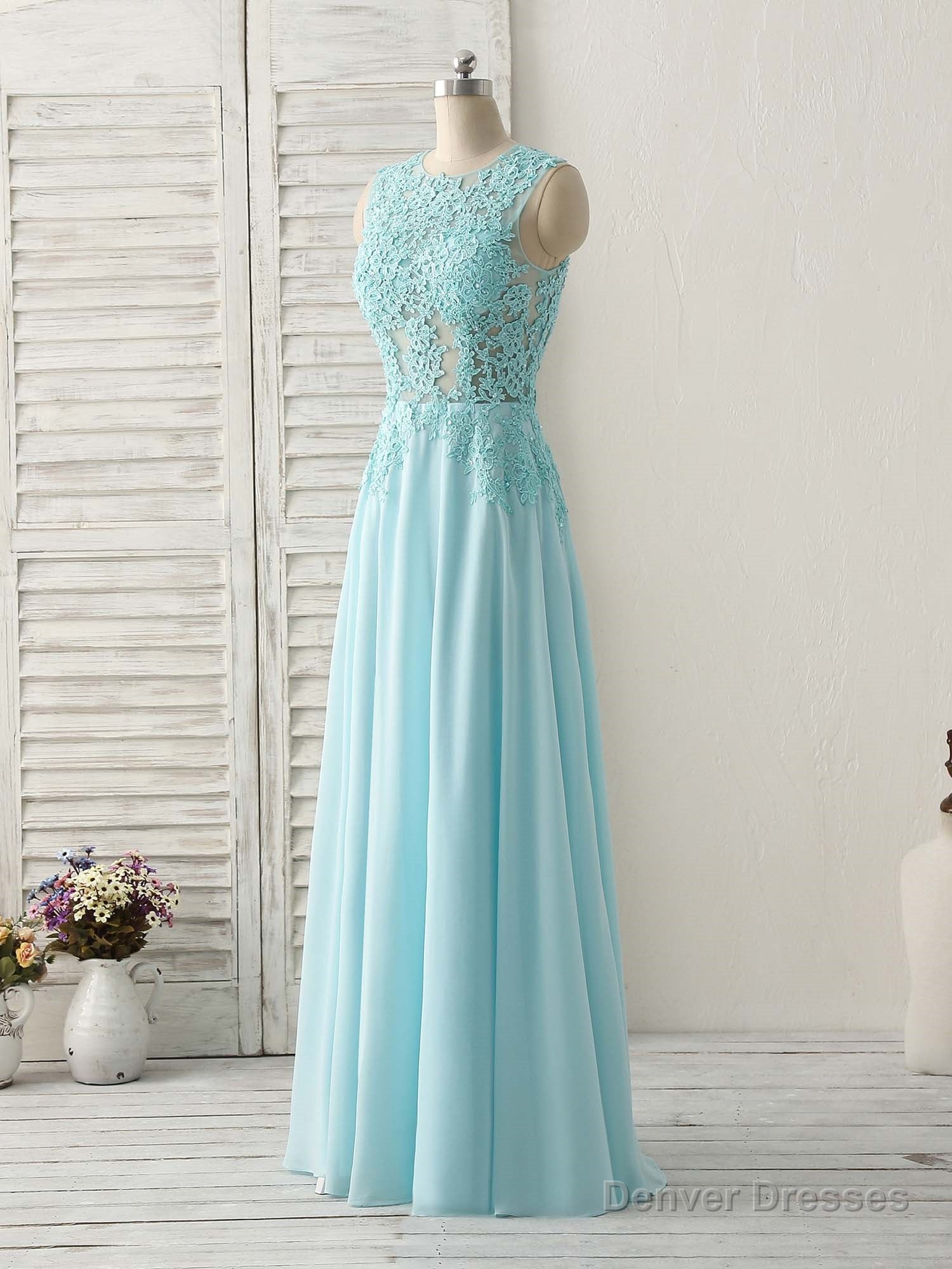 Blue Round Neck Lace Chiffon Long Prom Dress, Blue Long Formal Dresses Secondary image