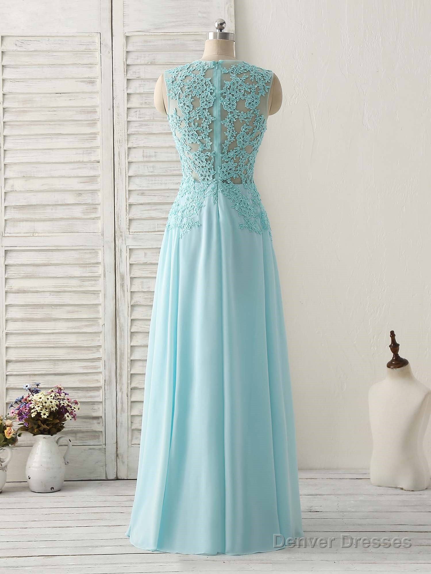 Blue Round Neck Lace Chiffon Long Prom Dress, Blue Long Formal Dresses Main image
