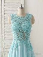 Blue Round Neck Lace Chiffon Long Prom Dress, Blue Long Formal Dresses