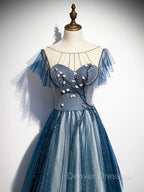 Blue Round Neck Tulle Beads Long Prom Dress, Blue Evening Dress