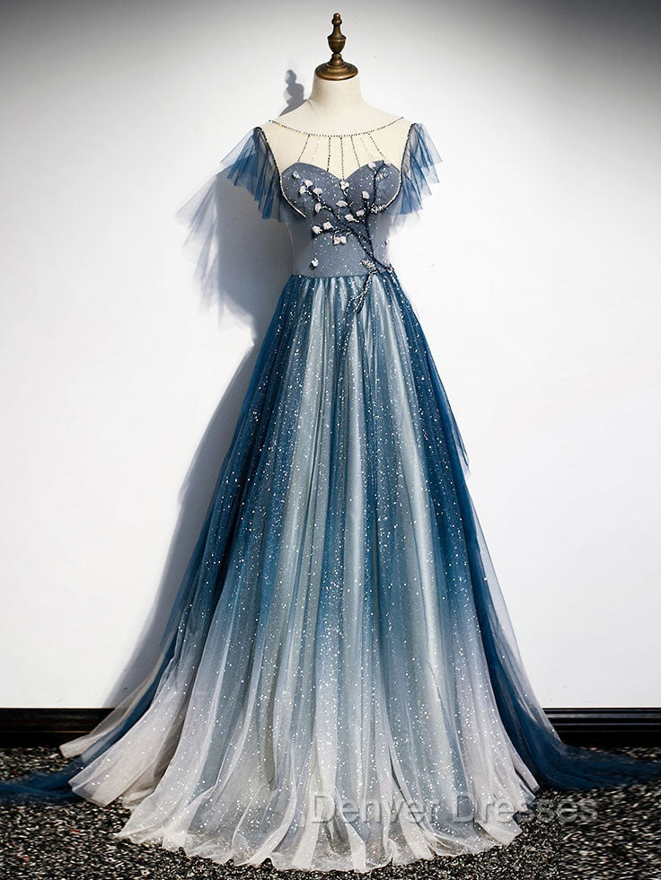 Blue Round Neck Tulle Beads Long Prom Dress, Blue Evening Dress Secondary image